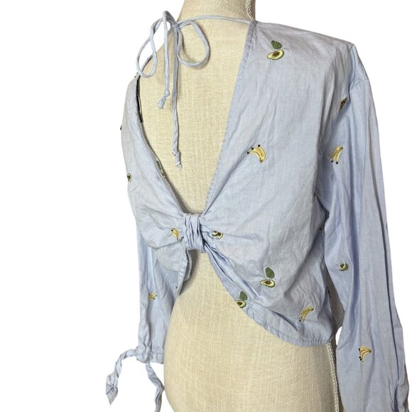 Light Blue Long Sleeve Crop Top Banana/Avocado Embroidery  Open Back  Womens S - Picture 6 of 14